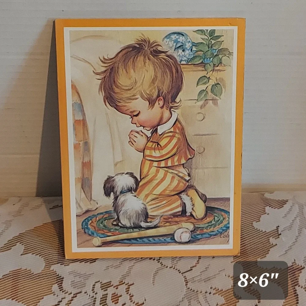 Vintage Coby Boy Praying with Dog Wood Wall Plaque Mid Century Nursery Art 8x6